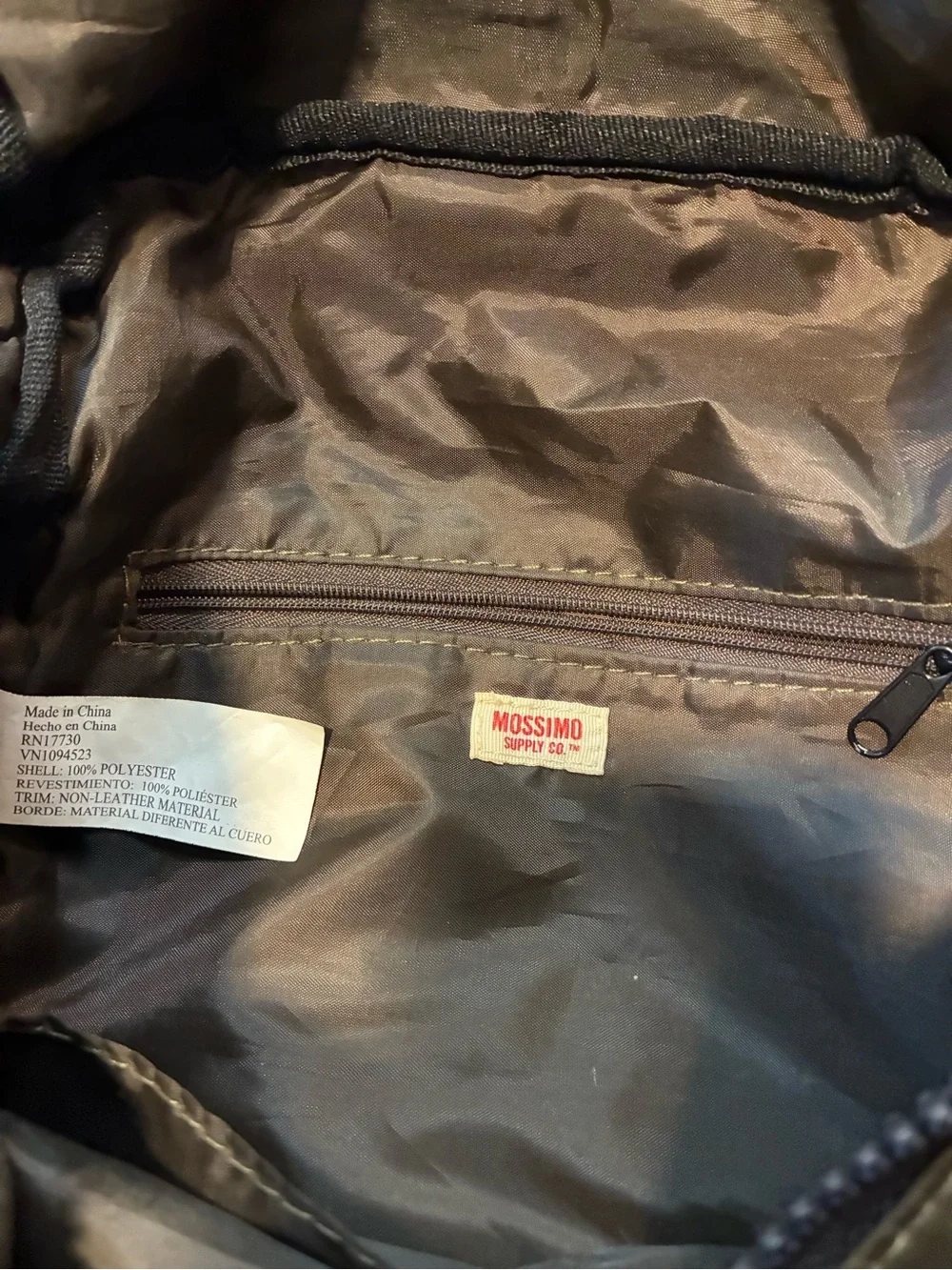Mossimo Supply Co. nylon backpack olive green/brown. lightweight, leather straps